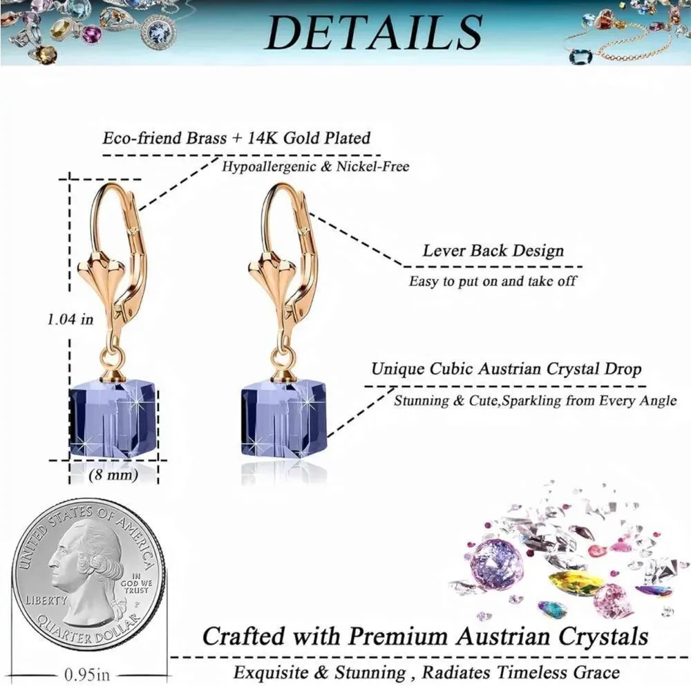 14K Yellow Gold with Purple Tanzanite Austrian Crystal Cube Leverback Earrings